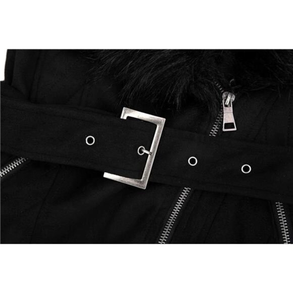 Women's Faux Leather Trench Coat Fleece Jacket with Detachable Fur Collar - Picture 4 of 6